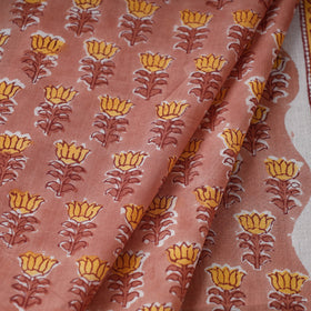  Yellow Lotus Butta On Peach Pure Cotton Sanganeri Block Print Fabric 