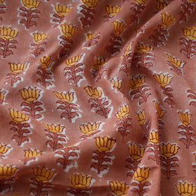  Yellow Lotus Butta On Peach Pure Cotton Sanganeri Block Print Fabric 