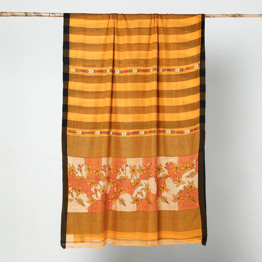 Yellow - Bengal Kantha Embroidery Cotton Handloom Saree 11