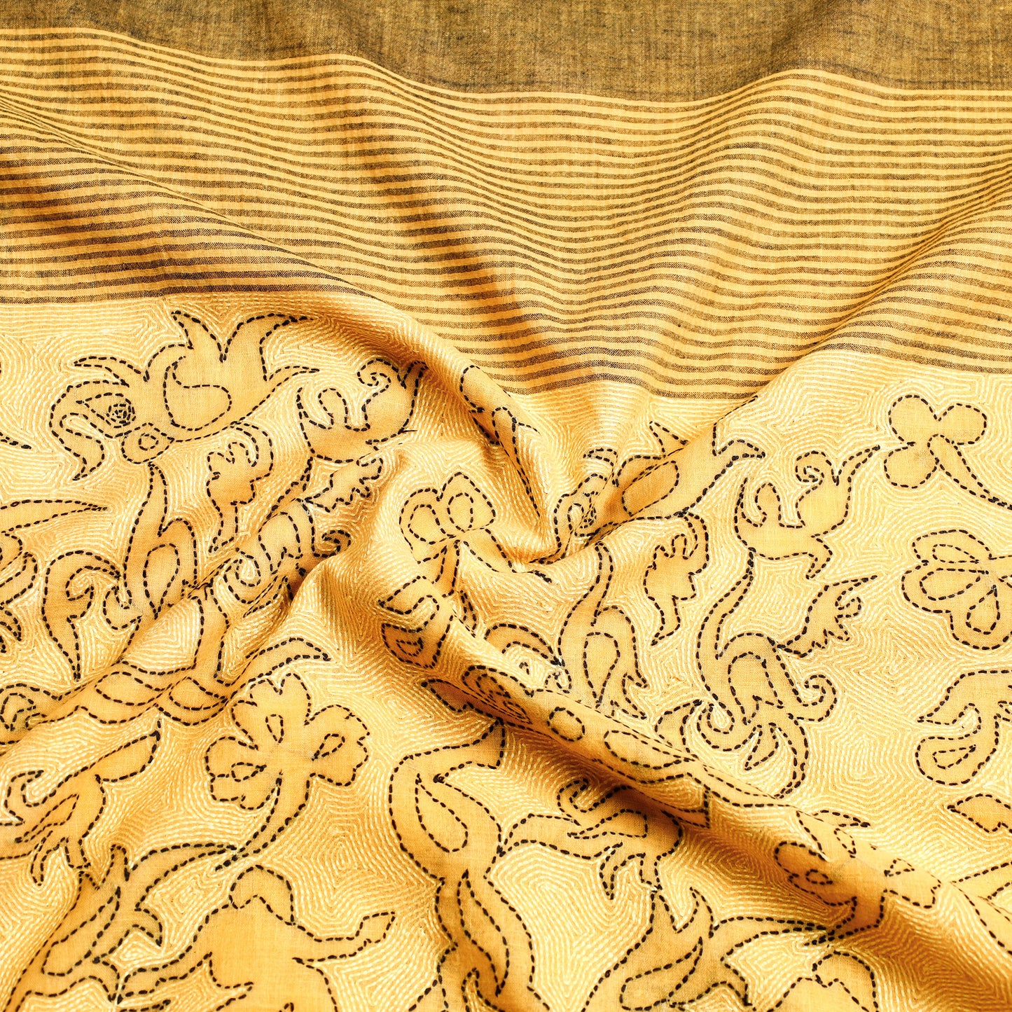 Yellow - Bengal Kantha Embroidery Cotton Handloom Saree 14