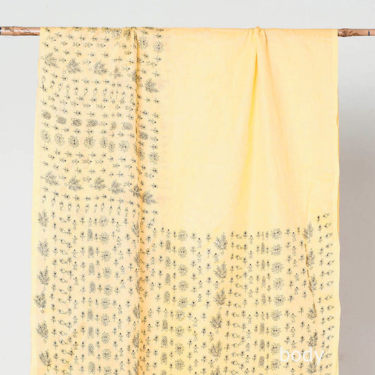 Beige - Bengal Kantha Embroidery Tussar Silk Cotton Handloom Saree 10