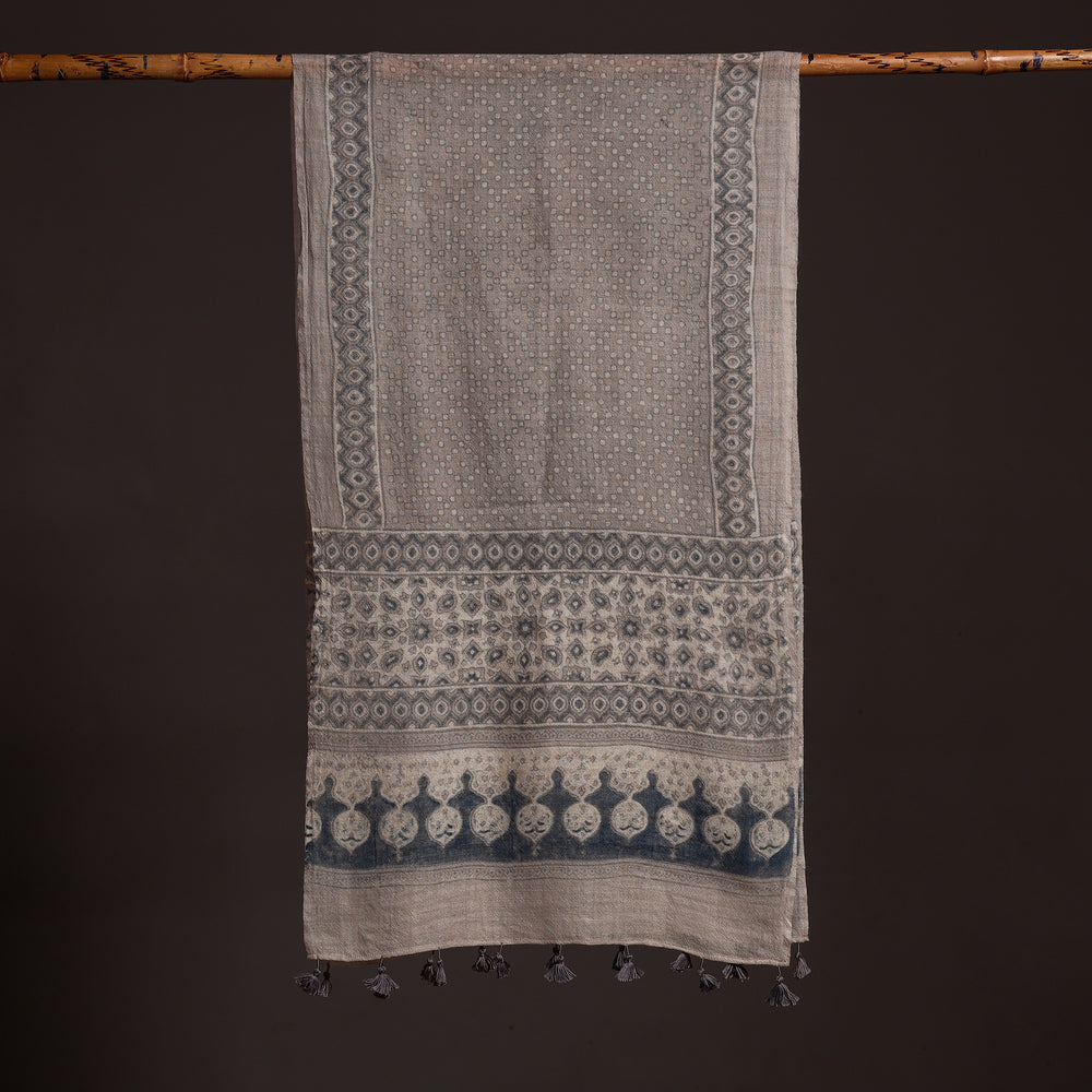 Grey - Ajrakh Hand Block Printed Pure Woolen Stole