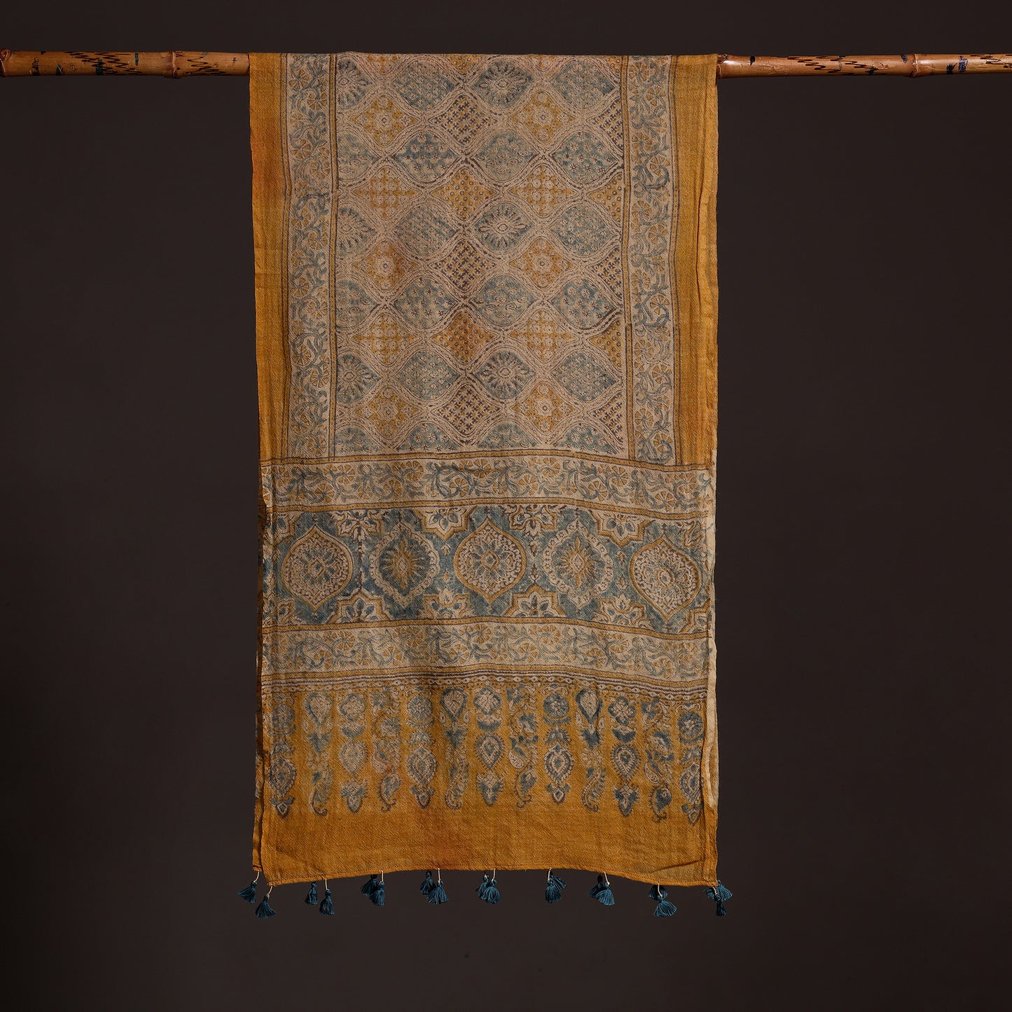Yellow - Ajrakh Hand Block Printed Pure Woolen Stole