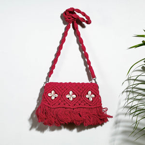 Red - Thread & Shell Work Handcrafted Macrame Sling Bag