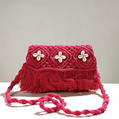 Red - Thread & Shell Work Handcrafted Macrame Sling Bag