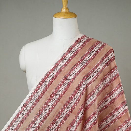 Pastel Peach Stripe Patterned Floral Sanganeri Block Printed Cotton Fabric