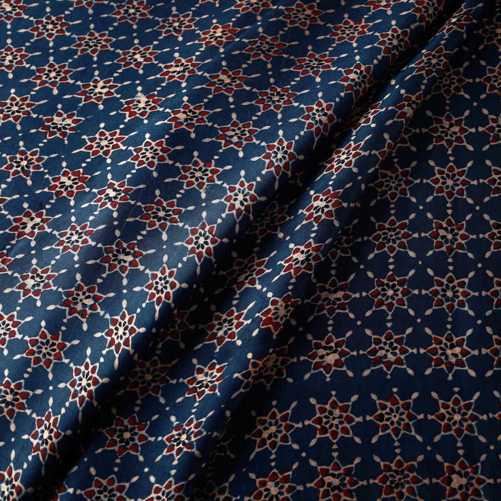 Blue - Intricate Floral Pattern Ajrakh Hand Block Printed Modal Silk Fabric