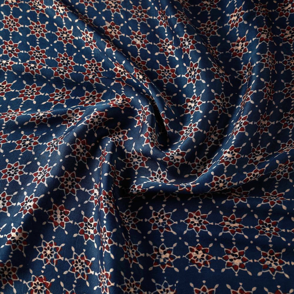 Blue - Intricate Floral Pattern Ajrakh Hand Block Printed Modal Silk Fabric