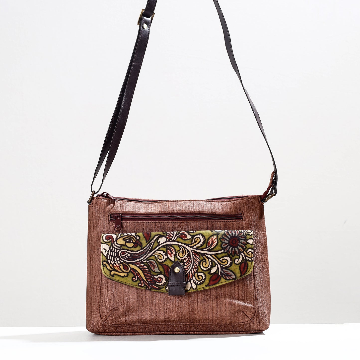 Brown - Handpainted Kalamkari Natural Dyed Ghicha Silk Sling Bag