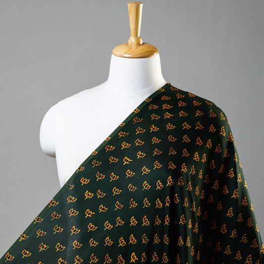 Green - Yellow Lotus Booti Ajrakh Hand Block Printed Modal Silk Fabric