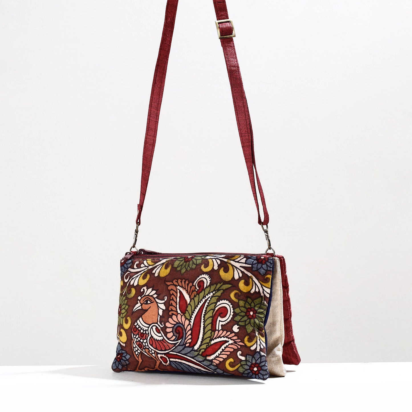 Brown - Handpainted Kalamkari Natural Dyed Ghicha Silk Sling Bag