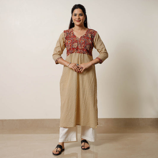 Brown - Running Stitch Cotton Straight Kurta with Kalamkari Patchwork 11