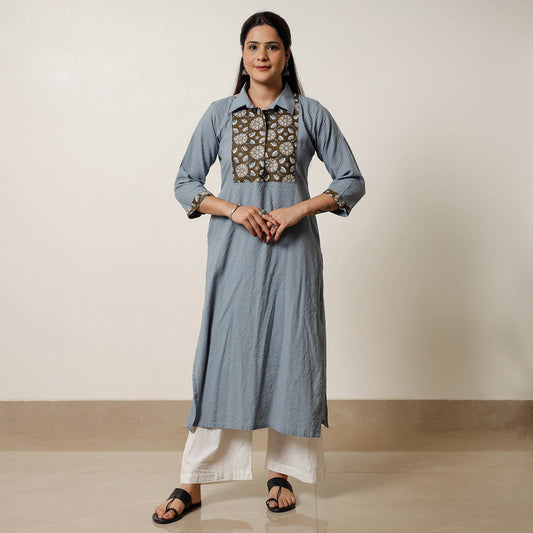 Grey - Running Stitch Cotton Straight Kurta with Sanganeri Patchwork 03