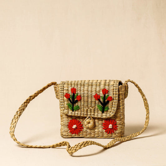 Beige - Handcrafted Natural Water Reed Embroidered Sling Bag