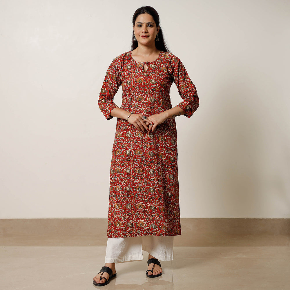 Red & Green Floral Buti Bagru Block Printed Cotton Straight Long Kurta