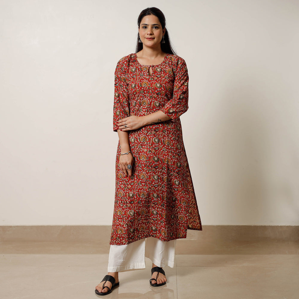 Red & Green Floral Buti Bagru Block Printed Cotton Straight Long Kurta