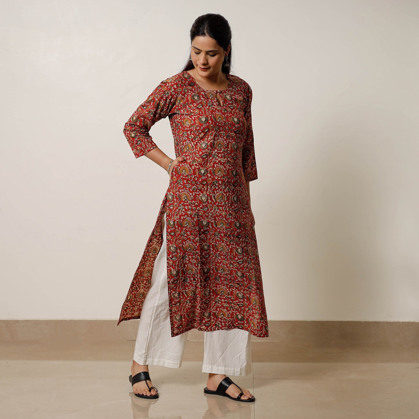 Red & Green Floral Buti Bagru Block Printed Cotton Straight Long Kurta