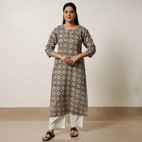 Black - Geometric Flower Buta Bagru Hand Block Printed Cotton Straight Long Kurta 03