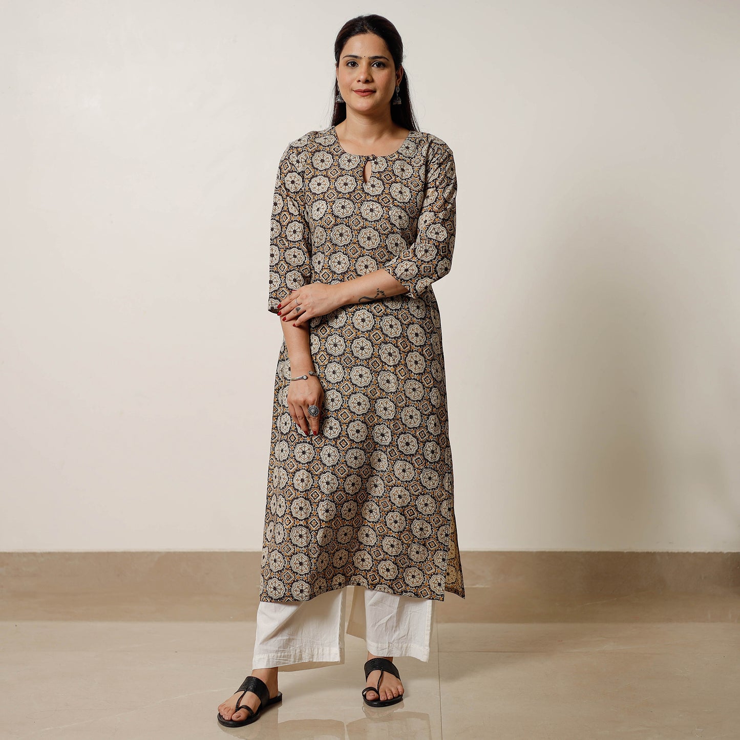 Black - Geometric Flower Buta Bagru Hand Block Printed Cotton Straight Long Kurta 03