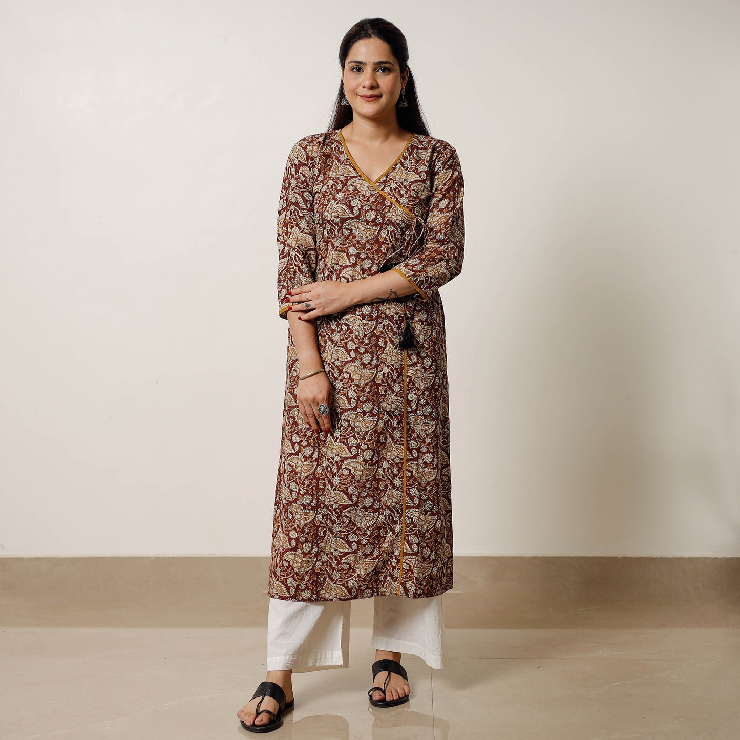 Red - Liana Flowers Bagru Hand Block Printed Cotton Straight Long Kurta 05