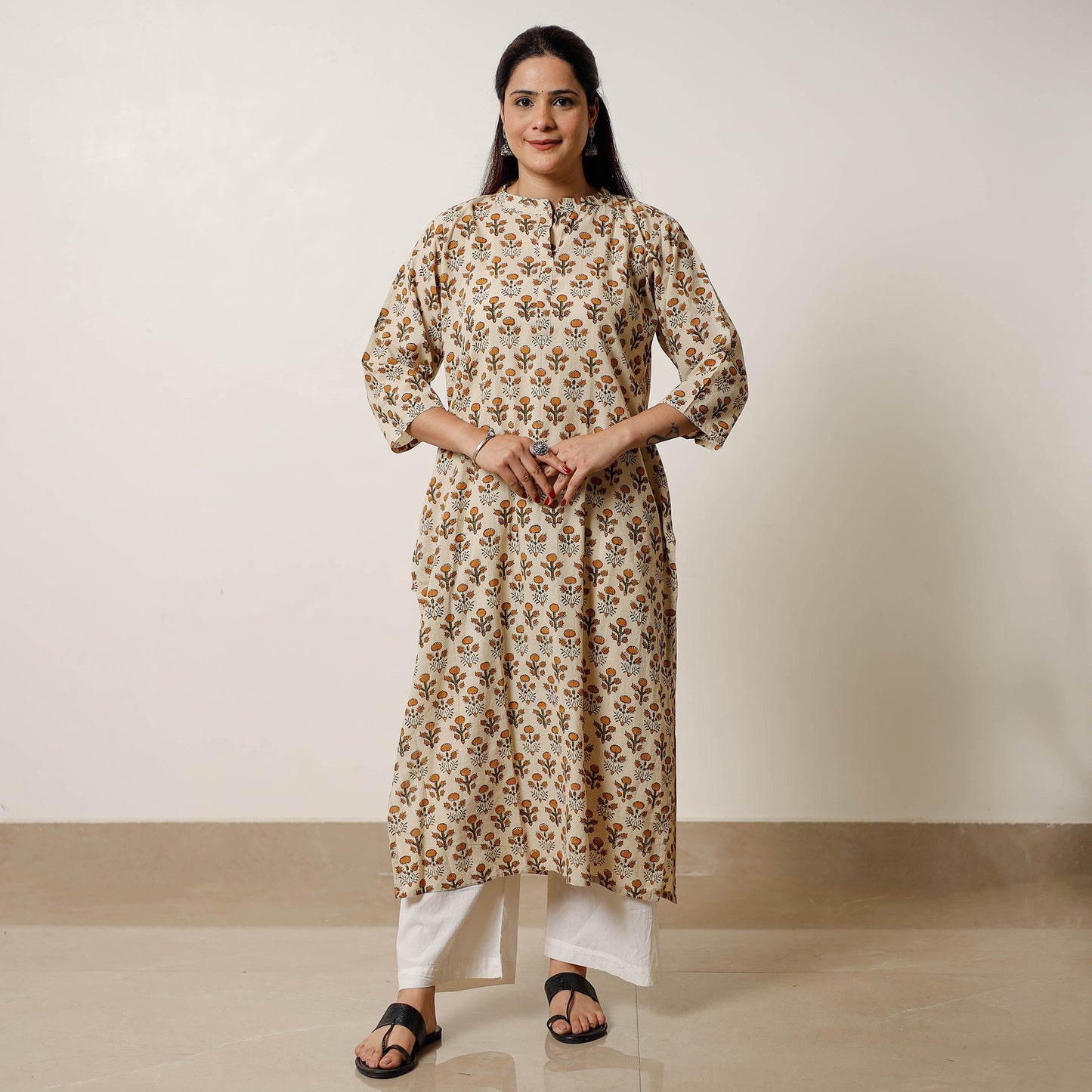 Beige - bagru hand printed cotton a-line long kurta 08