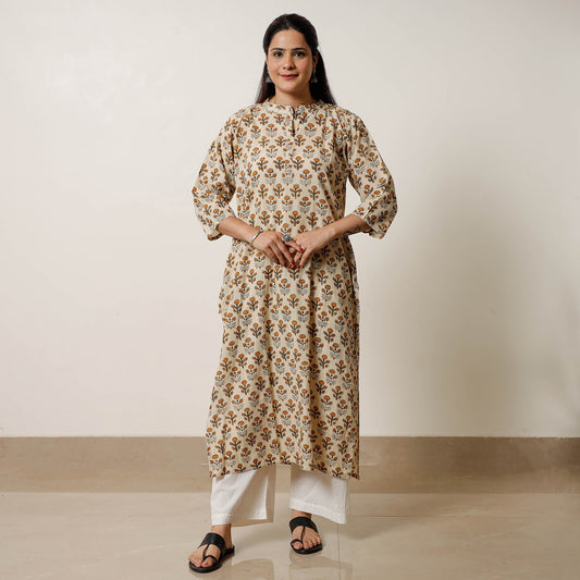 Beige - Bagru Hand Block Printed Cotton A-Line Long Kurta 08