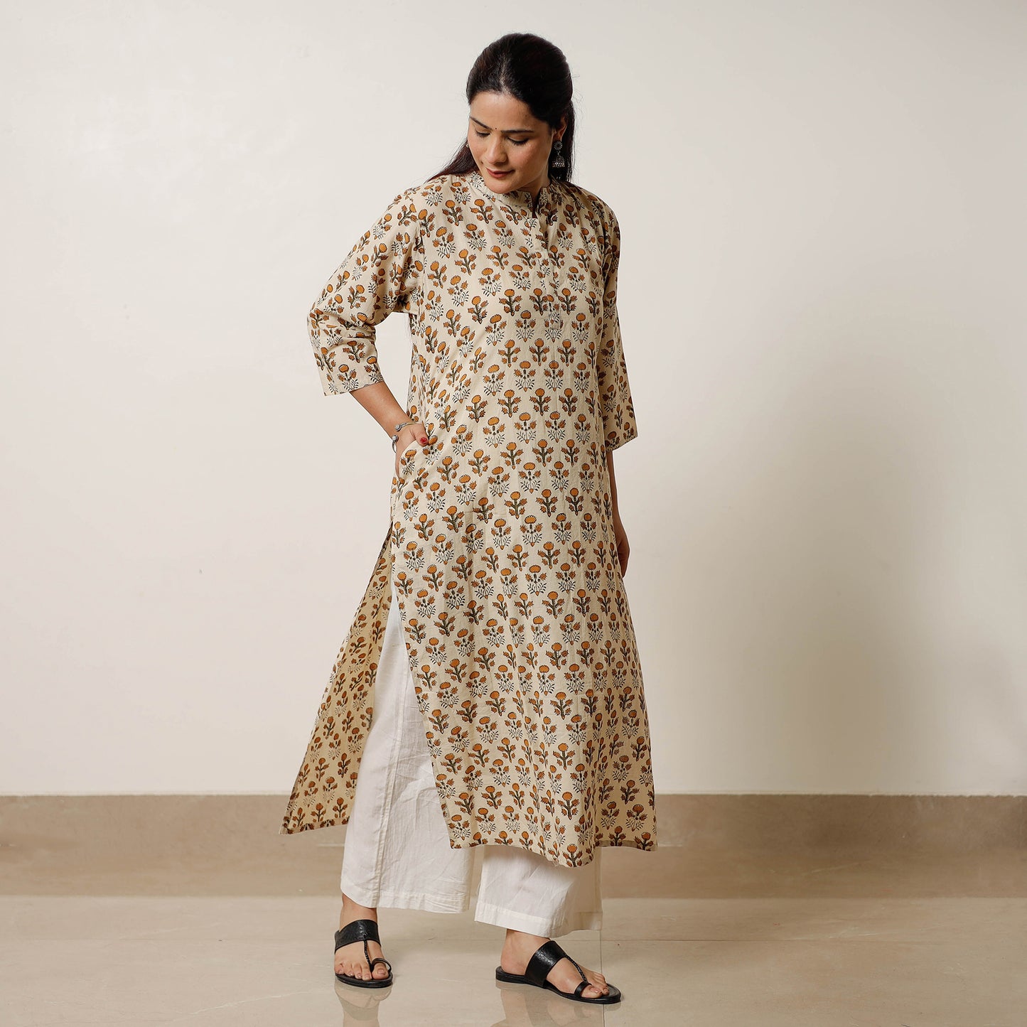 Beige - bagru hand printed cotton a-line long kurta 08