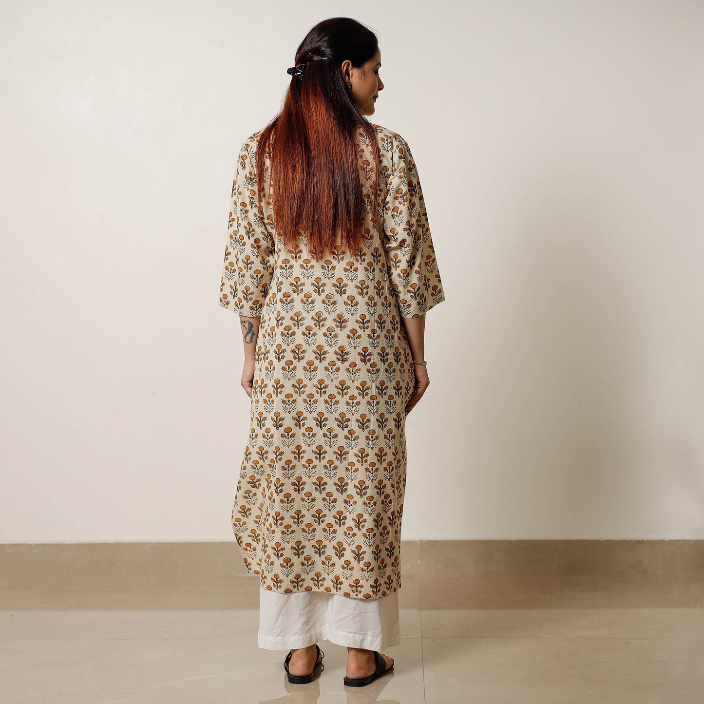 Beige - bagru hand printed cotton a-line long kurta 08