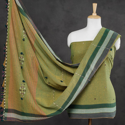 Green - 3pc Kutch Bhujodi Weaving Handloom Organic Kala Cotton Suit Material Set