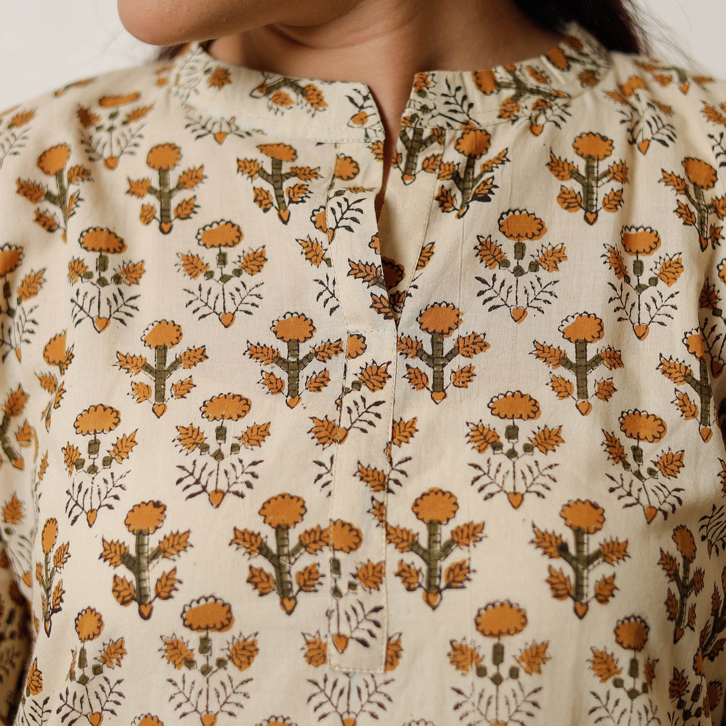 Beige - bagru hand printed cotton a-line long kurta 08