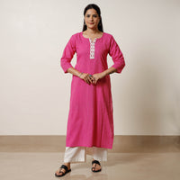 Pink - Running Stitch Cotton Long Straight Kurta 23