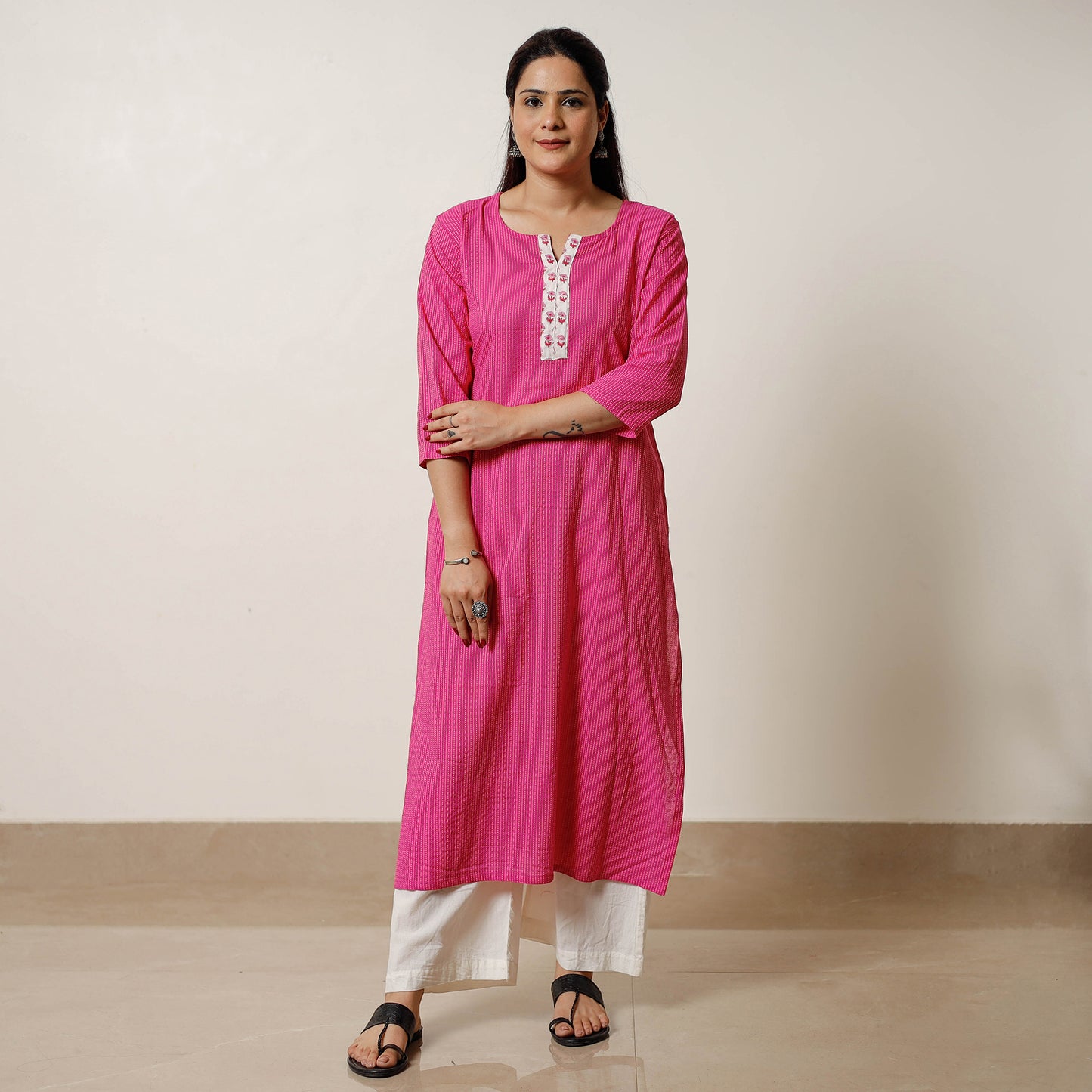 Pink - Running Stitch Cotton Long Straight Kurta 23