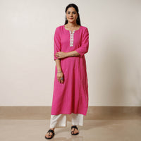 Pink - Running Stitch Cotton Long Straight Kurta 23