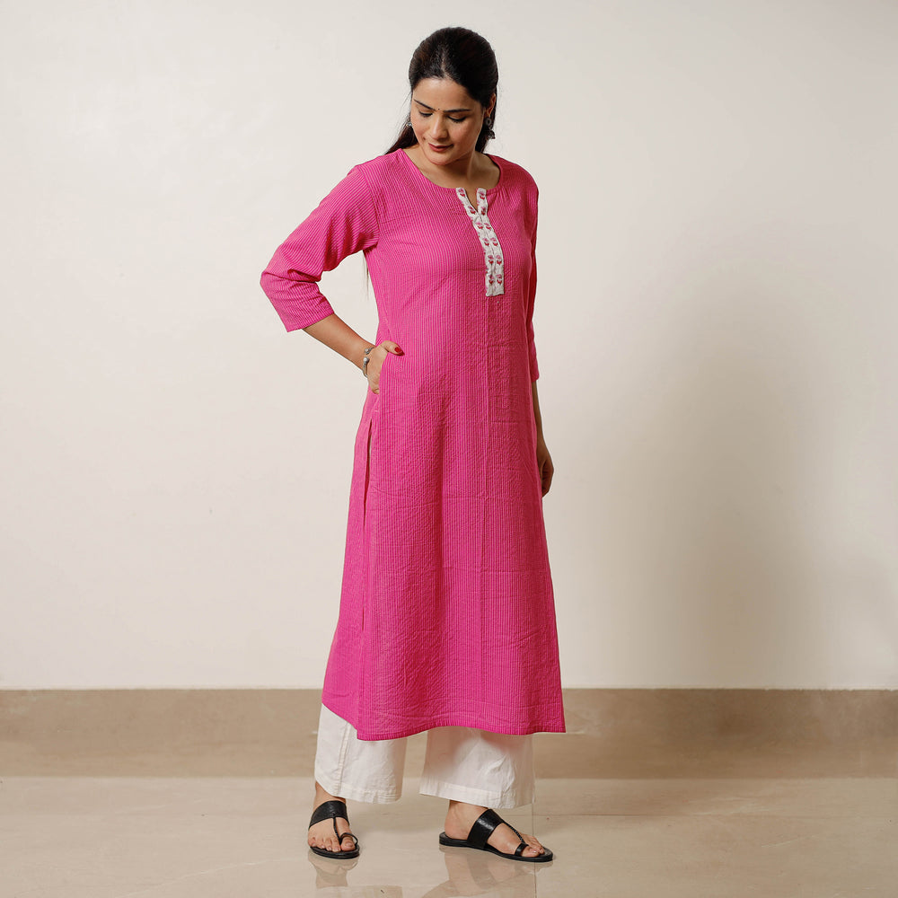 Pink - Running Stitch Cotton Long Straight Kurta 23