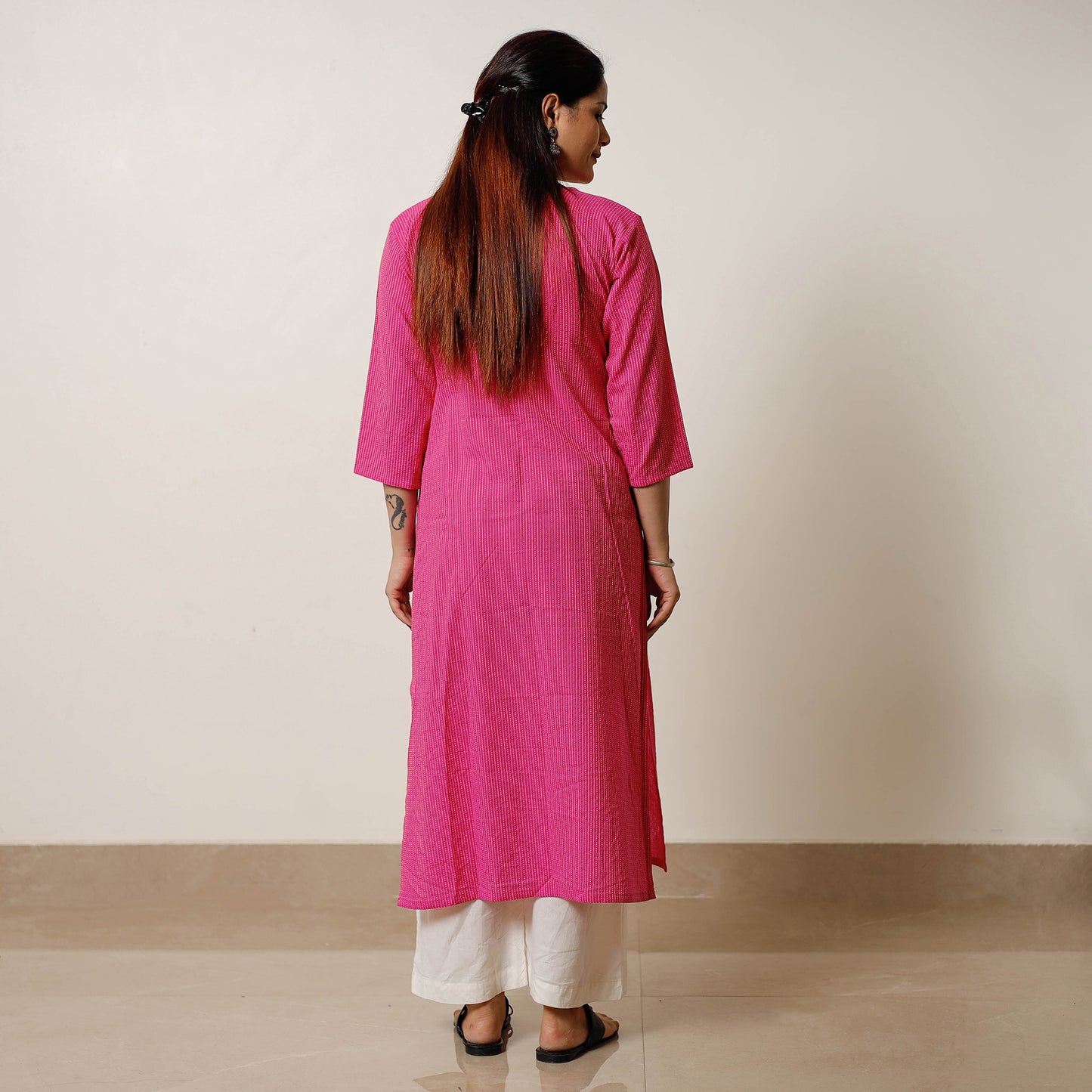 Pink - Running Stitch Cotton Long Straight Kurta 23