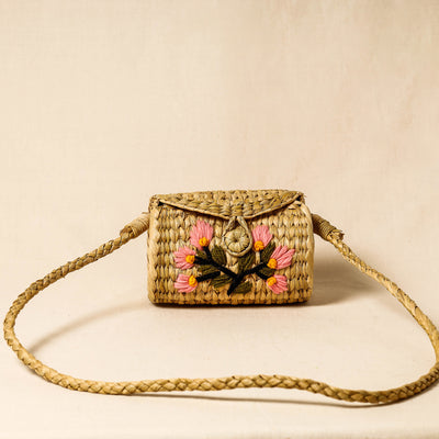 Brown - Handcrafted Natural Water Reed Embroidered Sling Bag