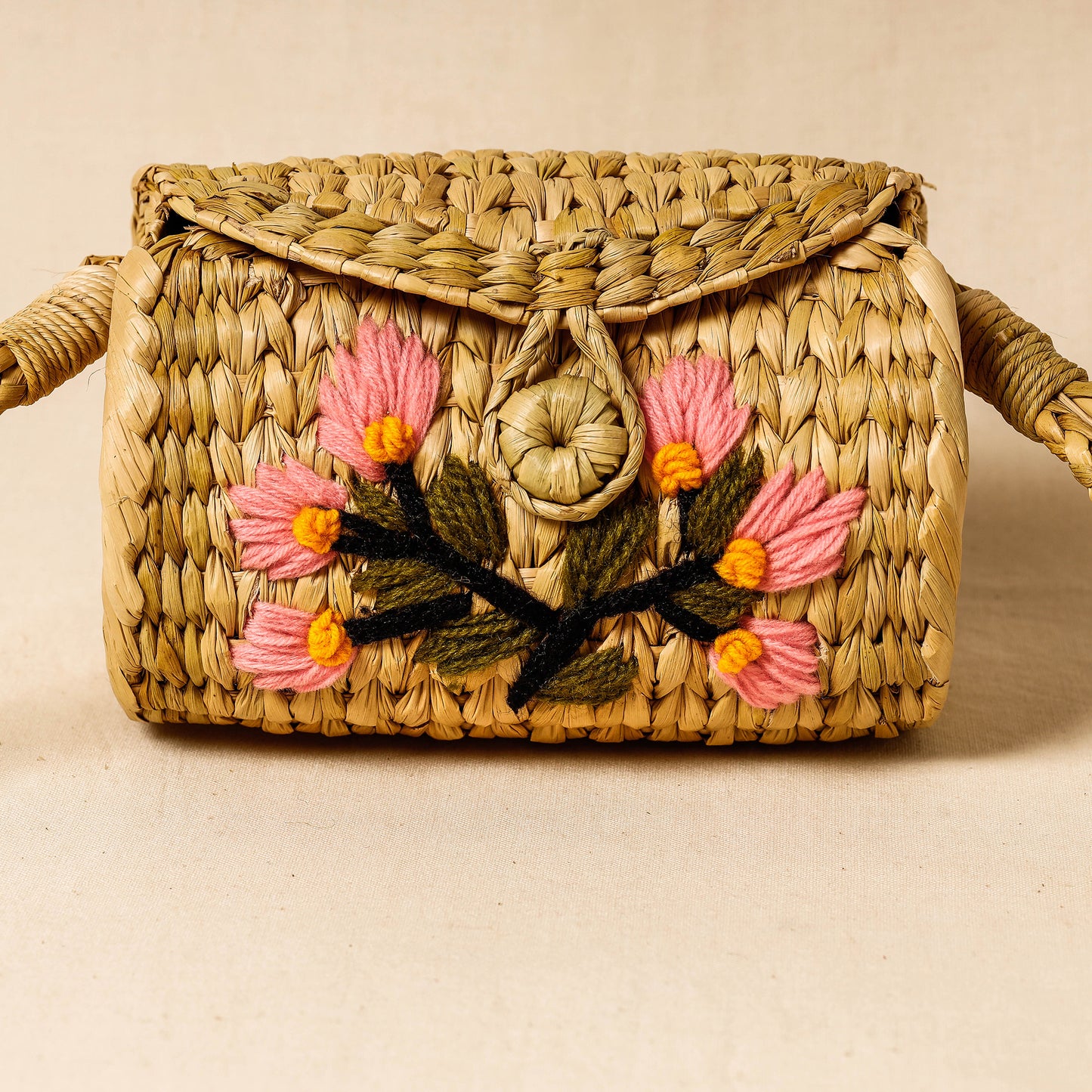 Brown - Handcrafted Natural Water Reed Embroidered Sling Bag