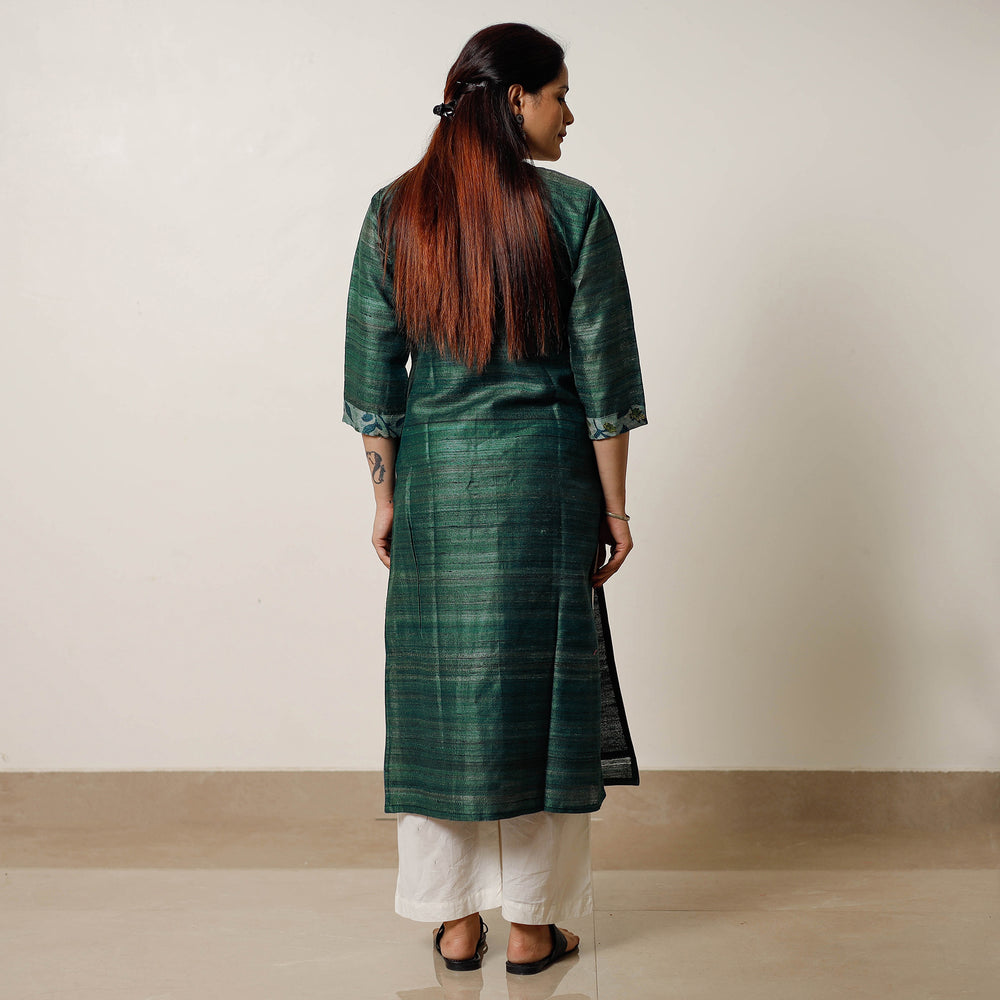 Dark Green Bhagalpuri Handwoven Desi Tussar Silk Long Kurta