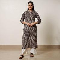 Black & White Champa Floral Buta Bagru Hand Block Printed Cotton Long Kurta 01