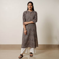 Black & White Champa Floral Buta Bagru Hand Block Printed Cotton Long Kurta 01