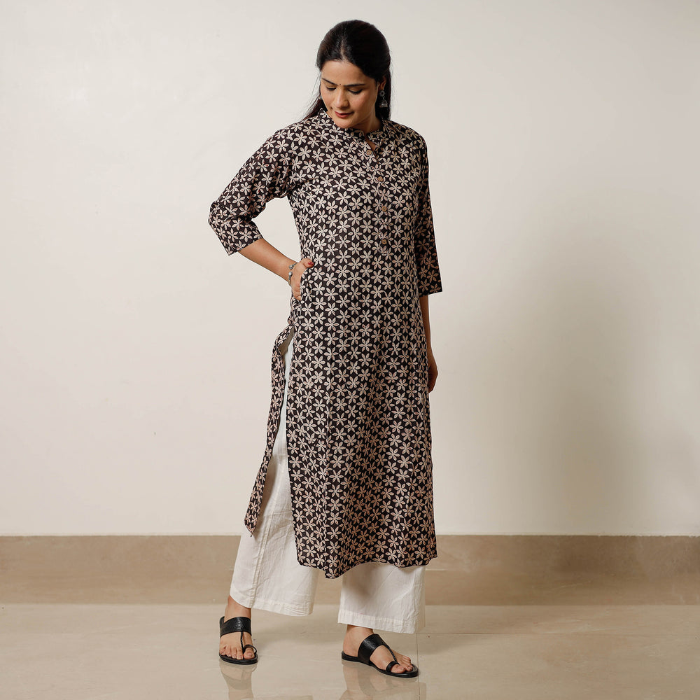 Black & White Champa Floral Buta Bagru Hand Block Printed Cotton Long Kurta 01