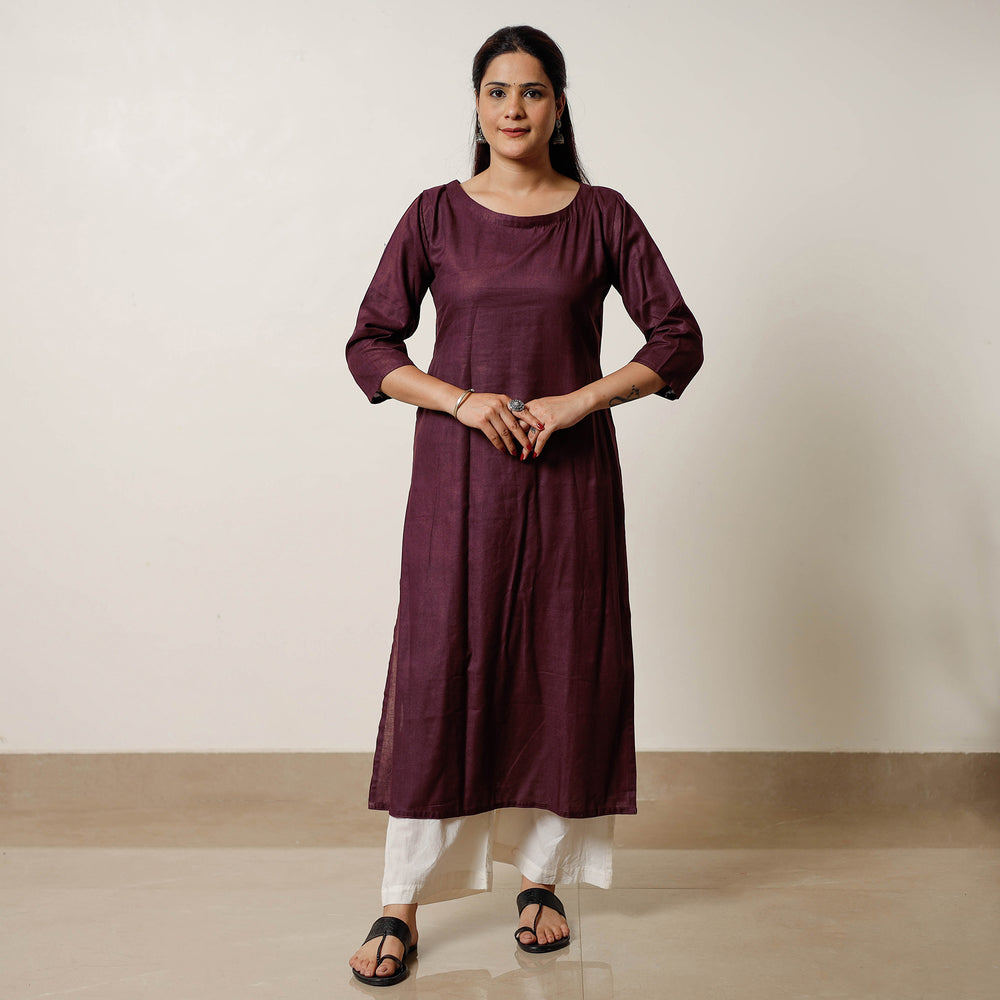 Dark Purple Tussar Silk Plain Long Kurta