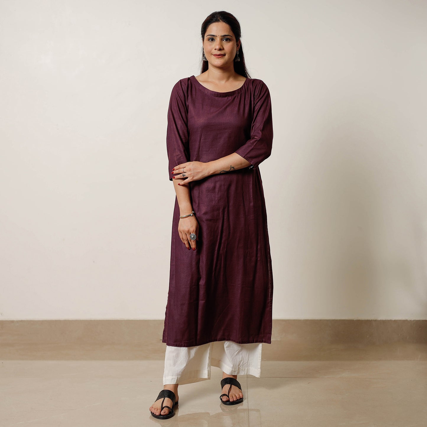 Dark Purple Tussar Silk Plain Long Kurta