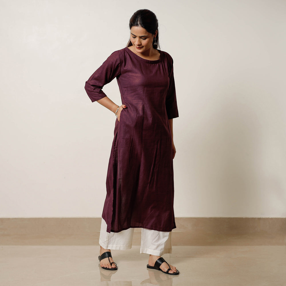 Dark Purple Tussar Silk Plain Long Kurta