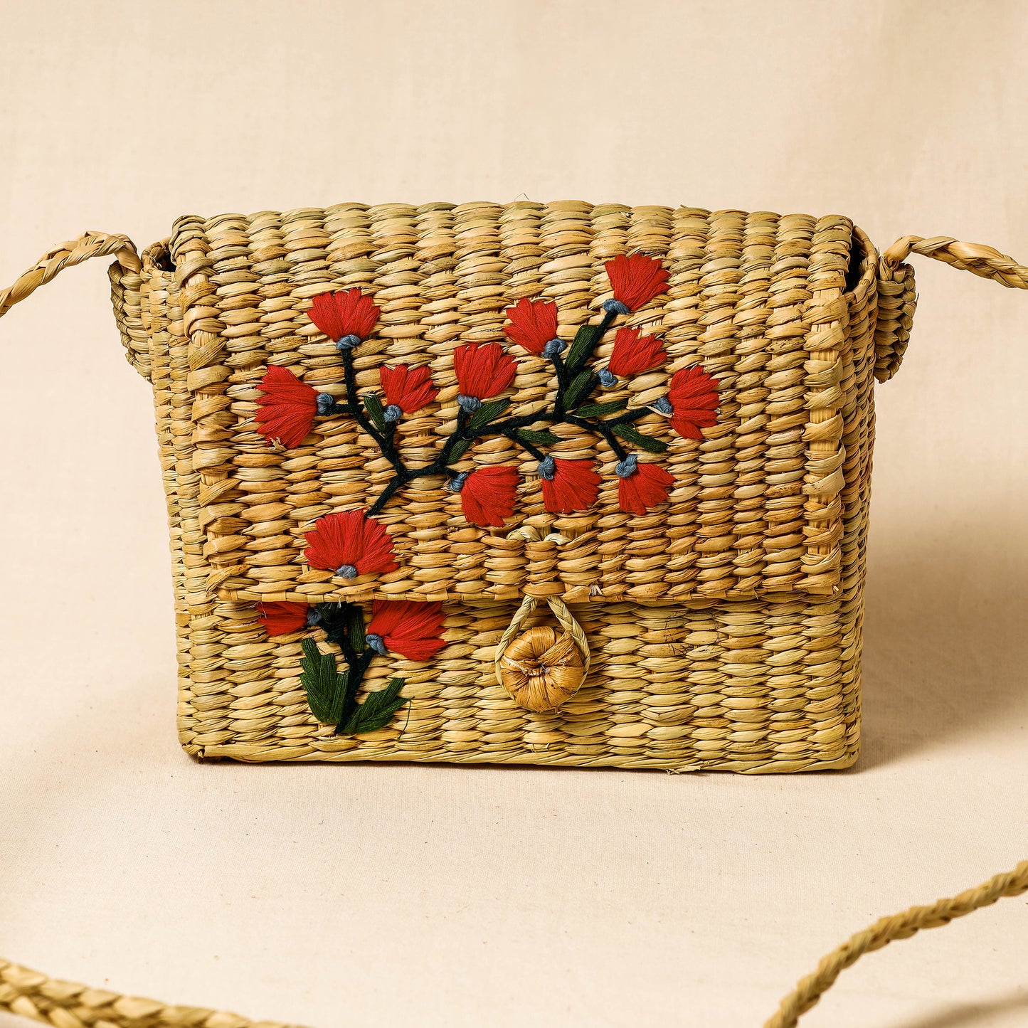 Brown - Handcrafted Natural Water Reed Embroidered Sling Bag