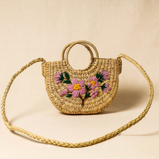 Beige - Handcrafted Natural Water Reed Embroidered Hand/Sling Bag