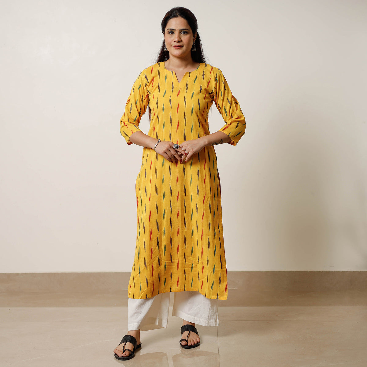 Yellow - Pochampally Ikat Weave Cotton Long Straight Kurta 04