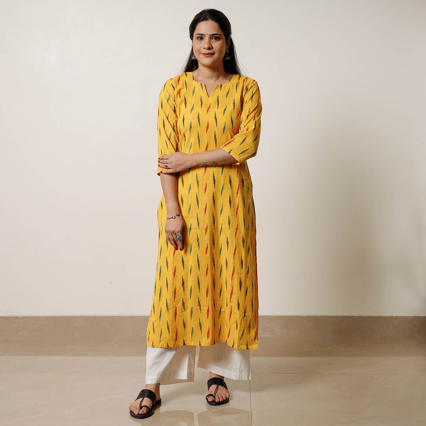 Yellow - Pochampally Ikat Weave Cotton Long Straight Kurta 04