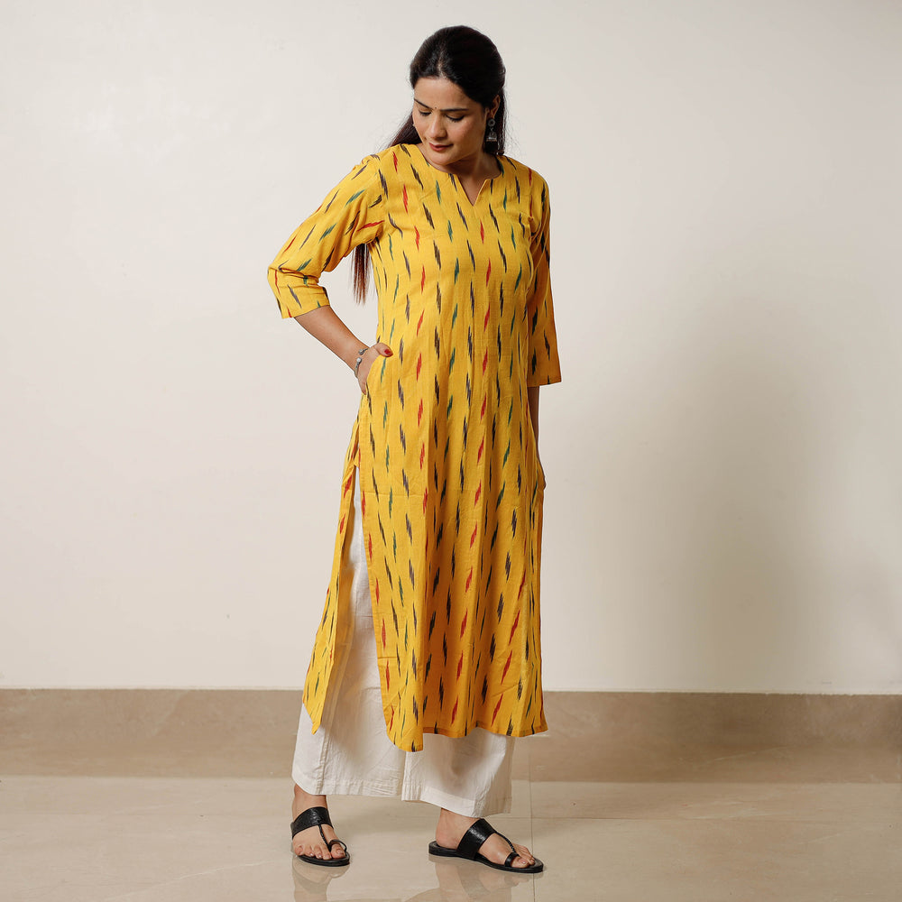 Yellow - Pochampally Ikat Weave Cotton Long Straight Kurta 04