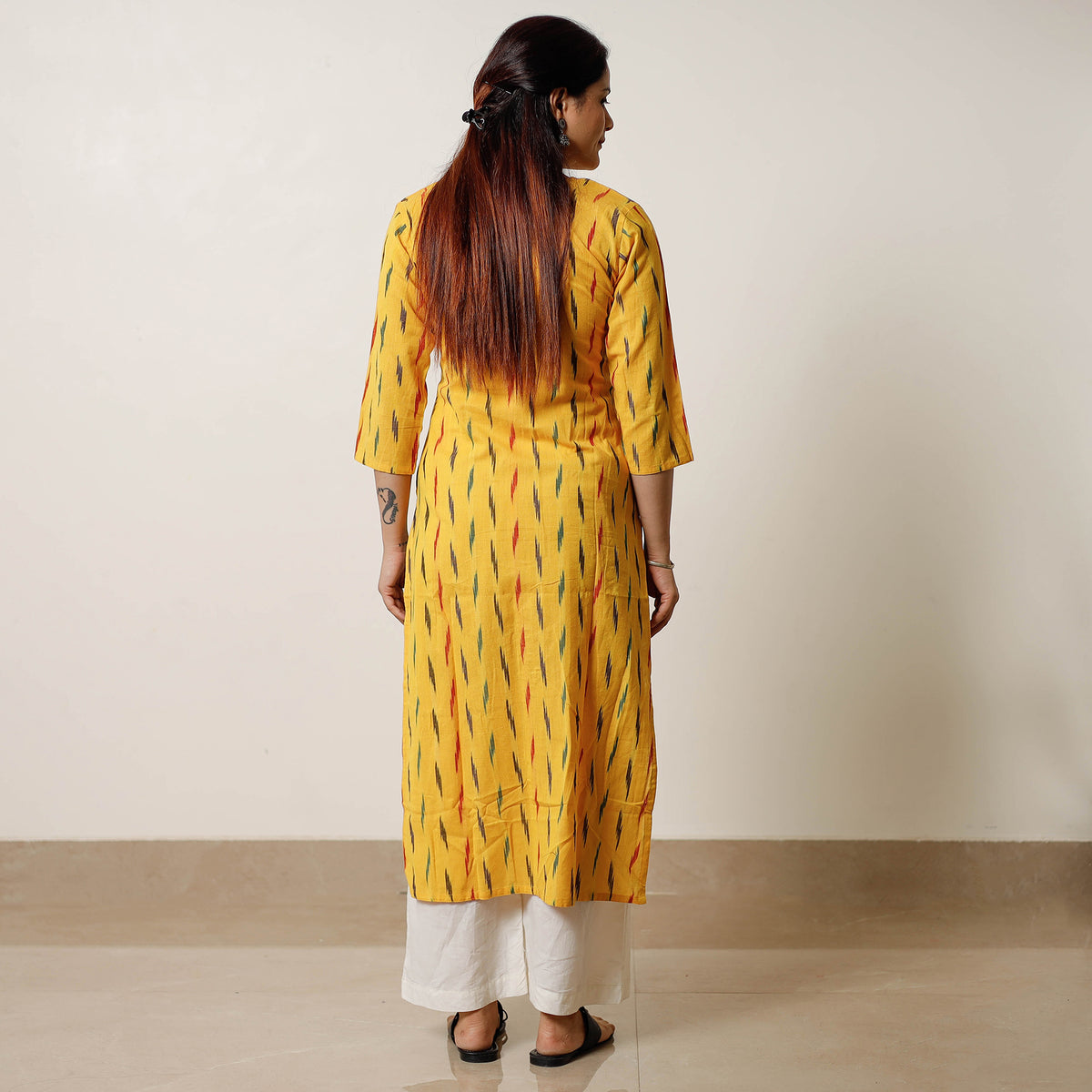 Yellow - Pochampally Ikat Weave Cotton Long Straight Kurta 04